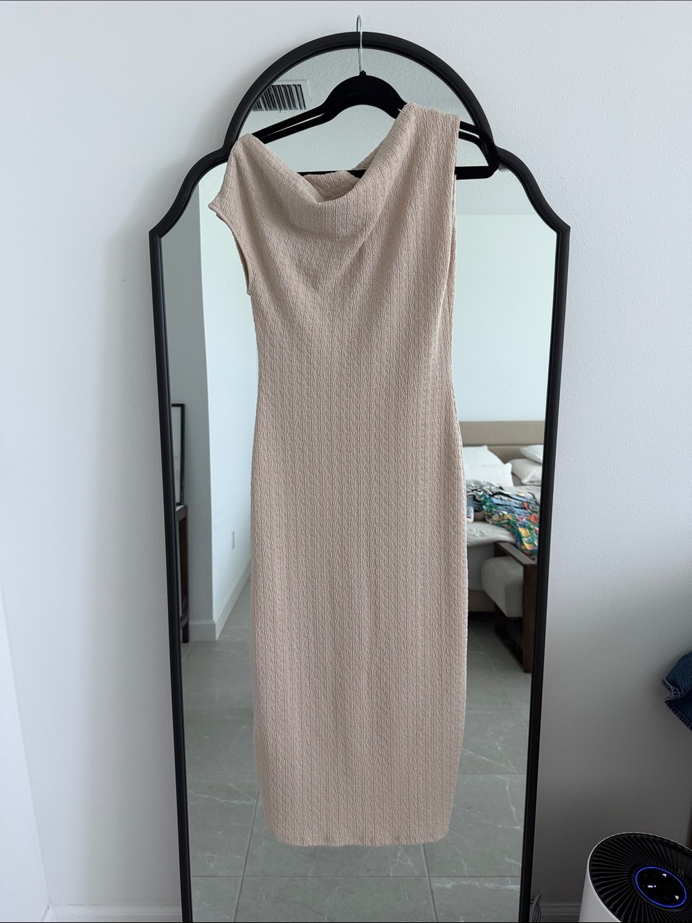 12th Tribe Cream Asymmetrical Off-Shoulder Textured Dress - Picture 5 of 6